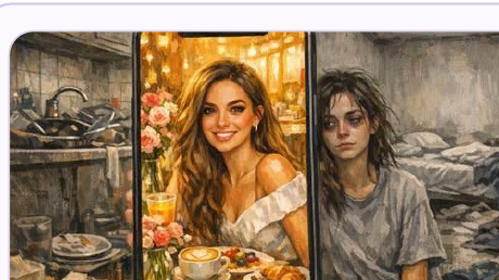 Ilustração em estilo pintura: na tela de um celular, uma jovem sorridente e arrumada posa diante de flores e de um café da manhã caprichado; fora da moldura do celular, a mesma jovem aparece despenteada e abatida, em um quarto bagunçado e com louça acumulada.